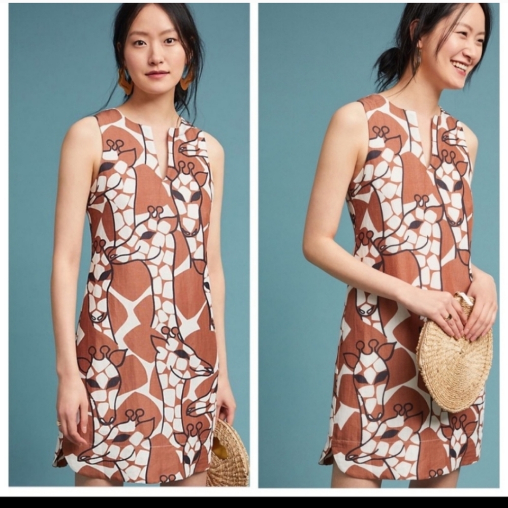 Corey Lynn Calter x Anthropologie Giraffe Linen Feel Shift Dress Brown Size M